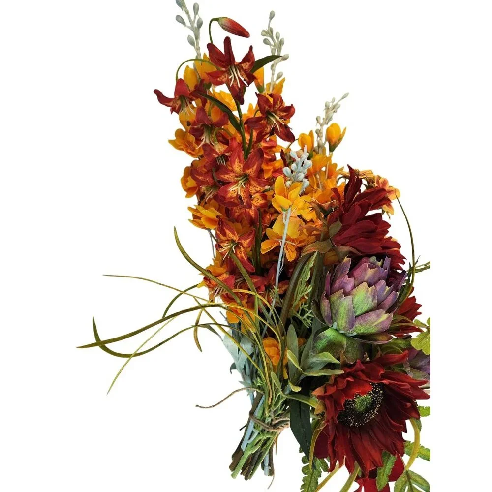 Artificial Floral Arrangement Bouquet - Fall Colors Red Yellow & Textured Accent